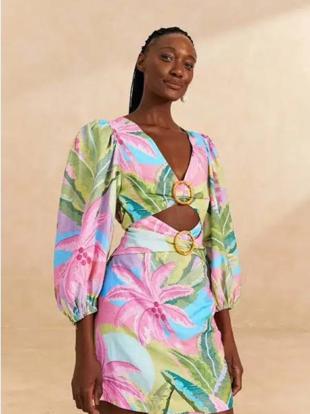 Farm Rio Beach Vibe Mini Dress Tropical Print Crop Top with Ring Detail